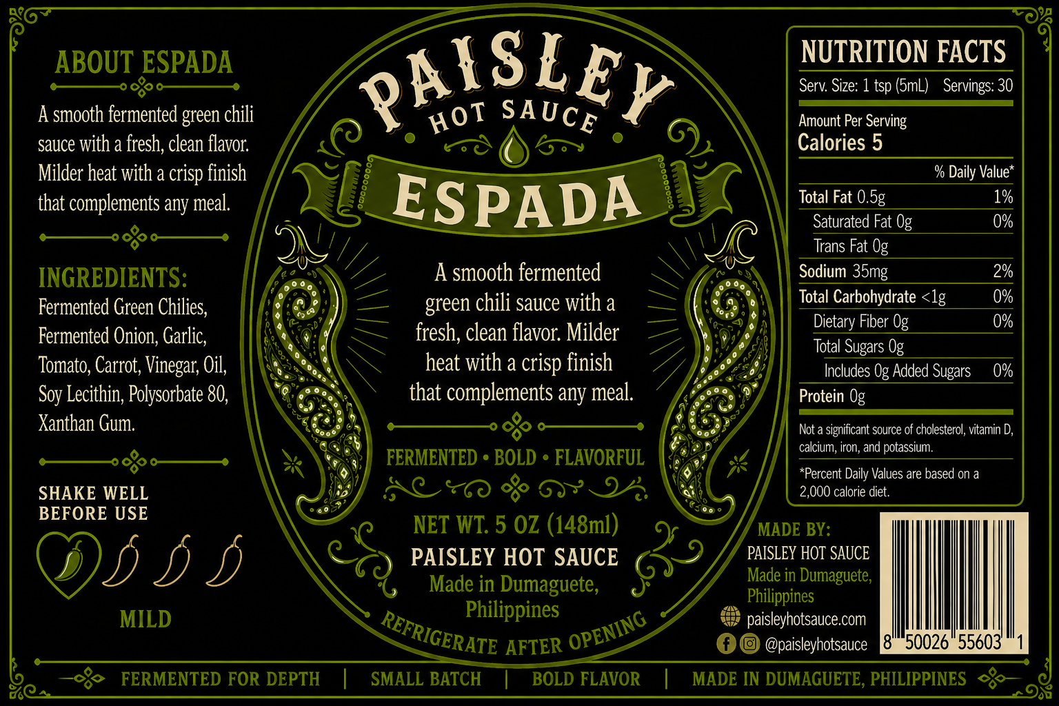 Espada Paisley Hot Sauce label